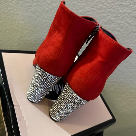 Red Suede Ankle Boots with Rhinestone Heels - Picture 3 of 5